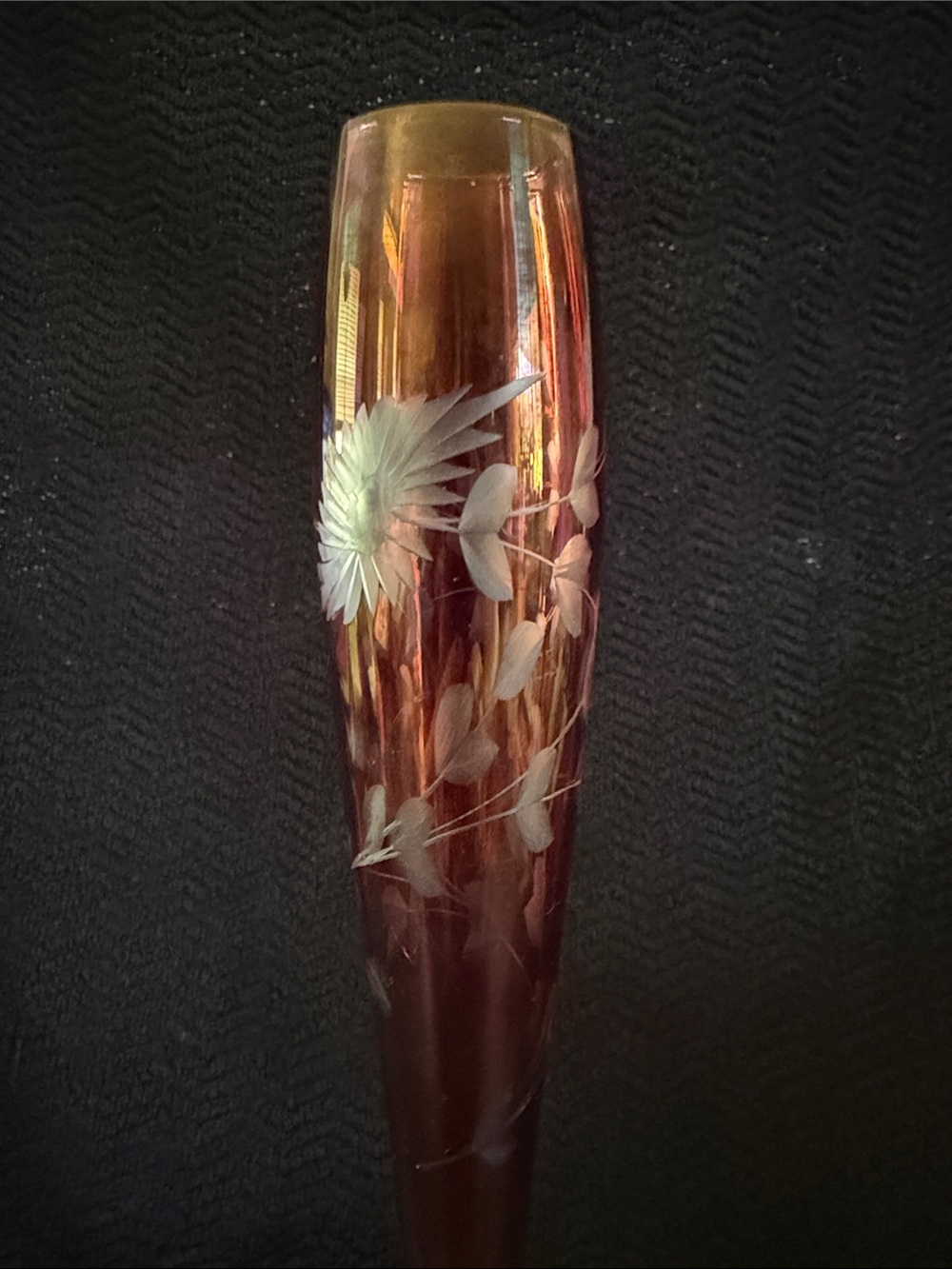 Elegant Vintage Cranberry Etched Glass Bud Vase w/Clear Glass Pedestal